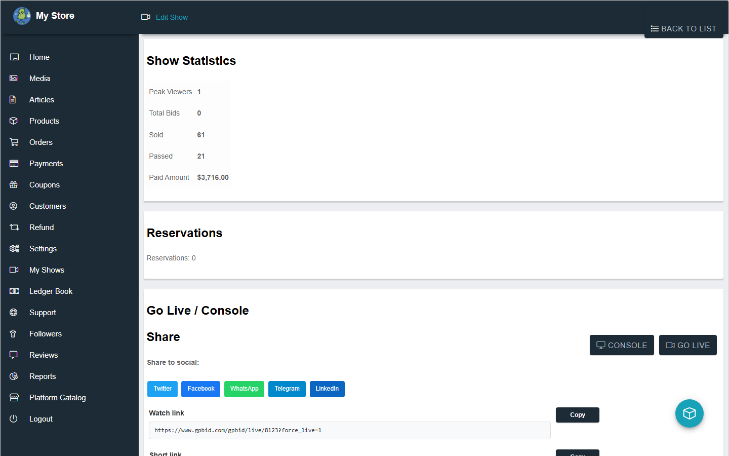 Web: Go Live / Console entry points