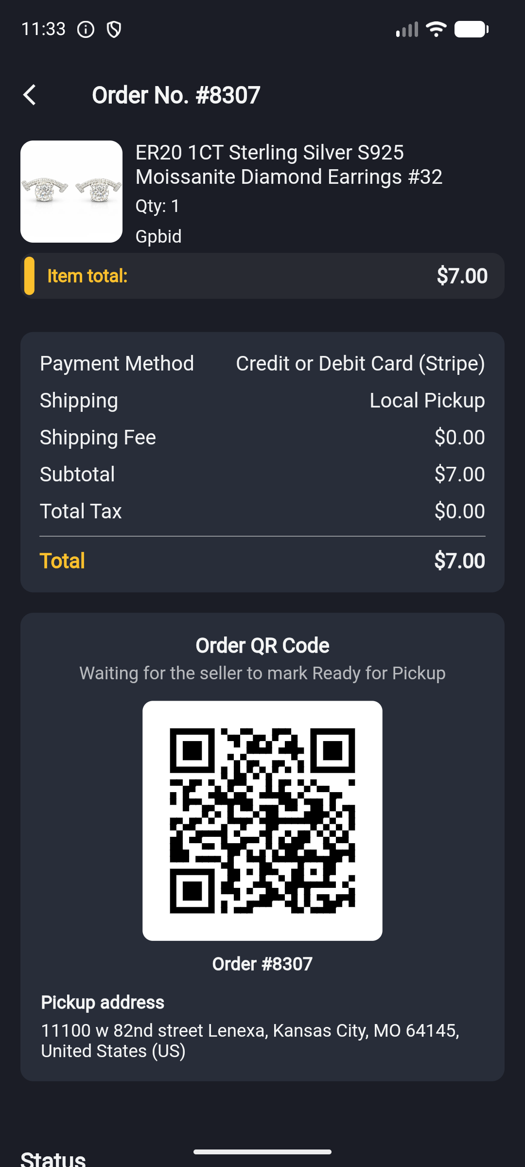 App: Order details — Order QR Code and pickup address