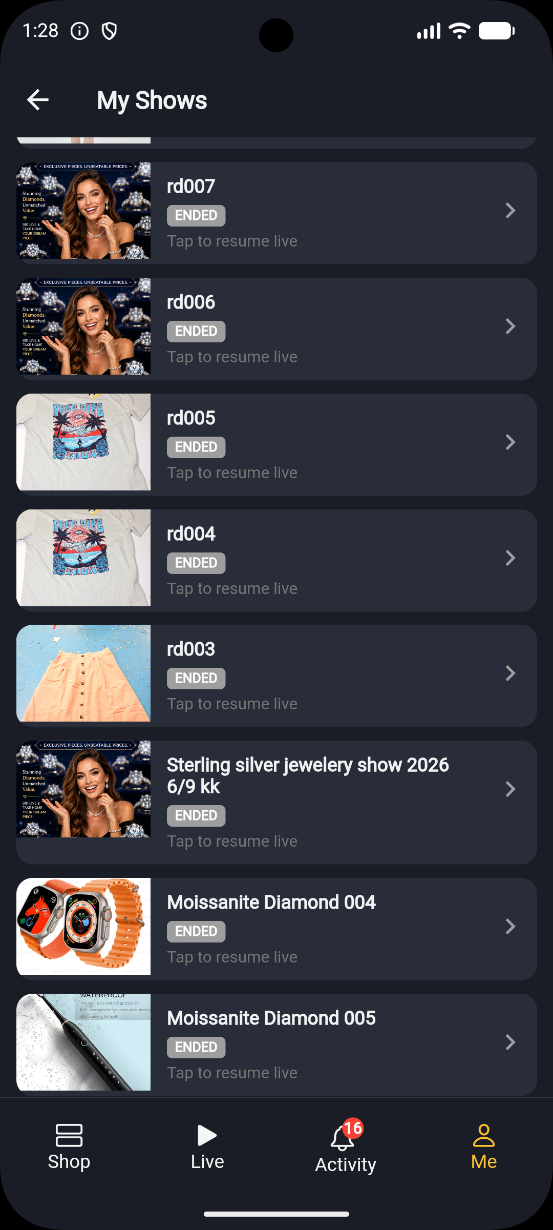 App: My Shows list