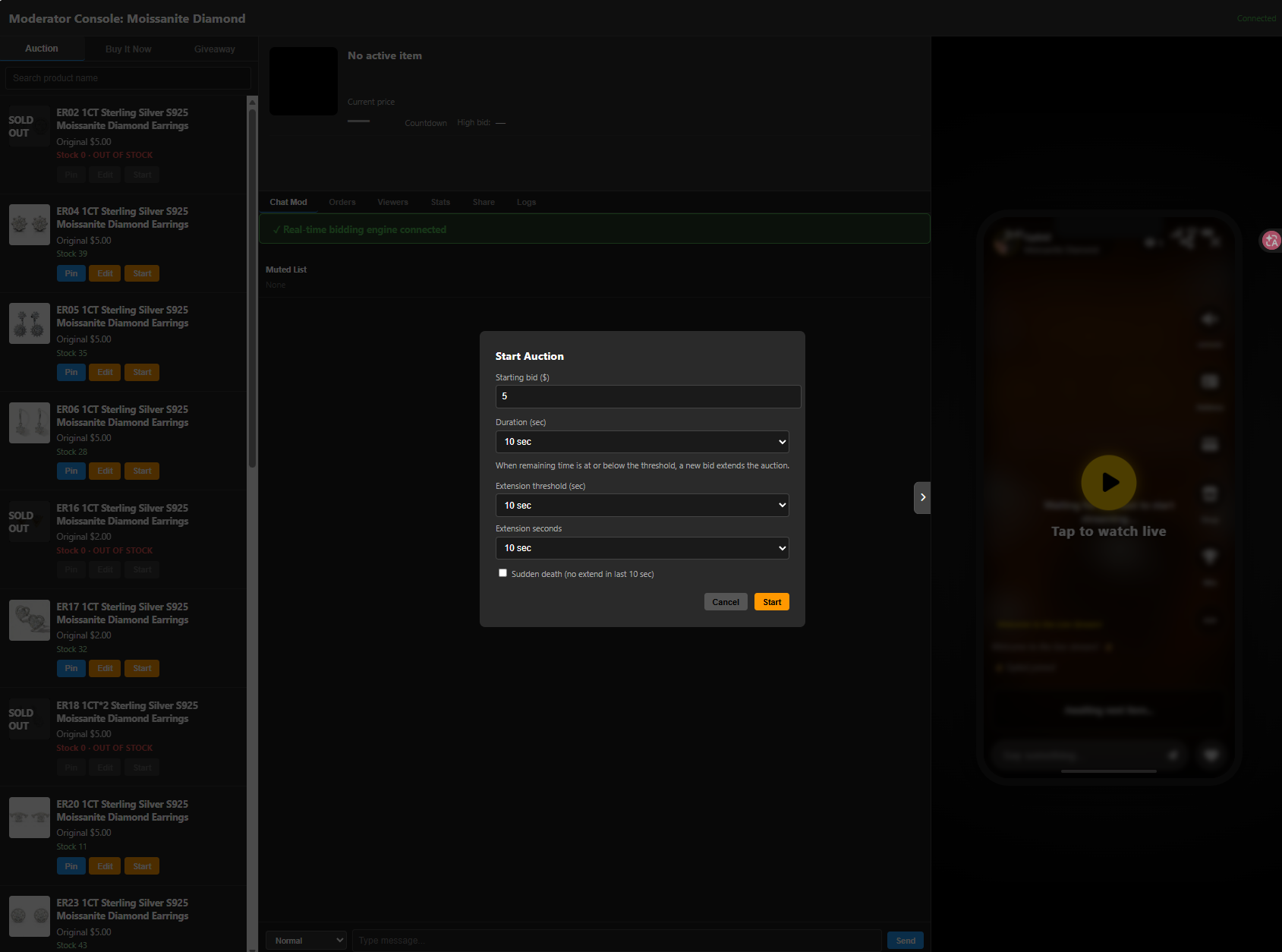 Web: Start Auction dialog
